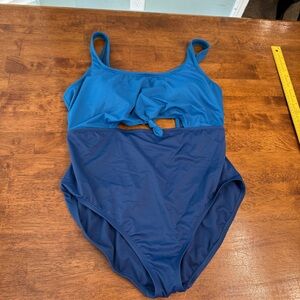 Women’s beach betty Blue One Piece Swimsuit size X-Large two tone tie front